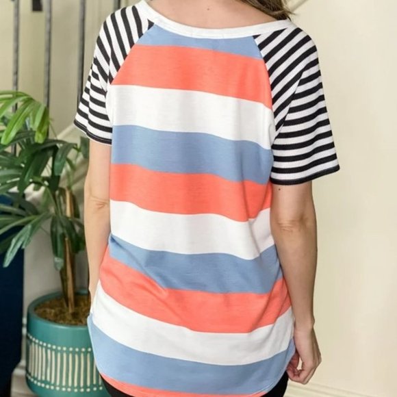 Women's Top Multi-Colored Stripes Tee Shirt - Picture 4 of 4